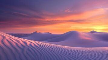 Sonnenaufgang Farben ungewöhnlich fraktal Muster auf wellig Wüste Sand Dünen mit ein beschwingt Orange und lila Gradient Himmel wie Hintergrund foto