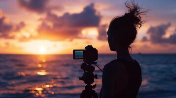 Silhouette von ein Fotograf Erfassen ein atemberaubend Sonnenuntergang Über das Ozean, symbolisieren kreativ Verfolgungen und Reise Abenteuer während das Sommer- Ferien foto