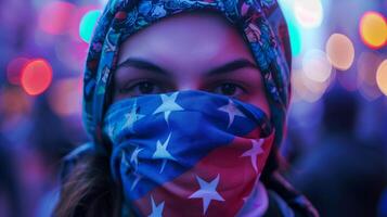 ein Frau mit ein Bandana mit das amerikanisch Flagge Motiv, inmitten beschwingt Bokeh Beleuchtung, hervorrufen Konzepte von Patriotismus und Ferien mögen Unabhängigkeit Tag foto