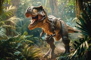 groß unheimlich hungrig Dinosaurier mit nett Augen und Scharf Zähne zerstören Park foto