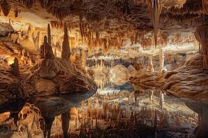 groß schön Scharf Stalaktiten hängend Nieder von tief Berg Höhle foto