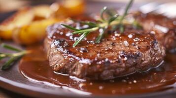 Gourmet gegrillt Steak gewürzt mit Salz- Flocken und frisch Rosmarin, gepaart mit Fritten, perfekt zum Väter Tag oder Grill thematisch Aktionen foto