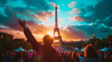 aufgeregt Zuschauer im ein Menge von das verschwommen Eiffel Turm Hintergrund foto