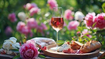 perfekt Foto, Lager Stil Foto friedlich draussen Mahlzeit im ein duftend Pfingstrose Garten, mit Wein, brot, und Käse auf ein rustikal hölzern Tablett