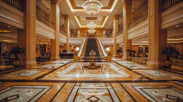 opulent Hotel Empfangshalle mit großartig Treppe, Kronleuchter, und Marmor Böden abbilden Luxus reisen, Gastfreundschaft Industrie, und hoch Ende echt Nachlass Konzepte foto