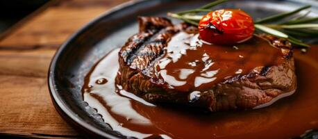 gegrillt Steak mit Bohnenkraut Glasur serviert mit geröstet Tomate und Rosmarin auf ein rustikal Platte, Ideal zum Väter Tag und amerikanisch Grill Konzepte foto