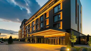 modern Hotel Außen beim Dämmerung mit beleuchtet LED Beleuchtung, reflektieren Luxus Unterkunft Konzept, Ideal zum Geschäft Reise oder städtisch Tourismus foto