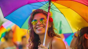 froh Frau mit Regenbogen Sonnenbrille und Regenschirm feiern Stolz Parade, verkörpern Vielfalt und lgbtq Gemeinschaft Geist während Sommer- Fest foto