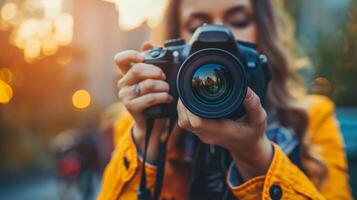 weiblich Fotograf Erfassen beschwingt herbstlich Szenen mit ein dslr Kamera, Bokeh bewirken und golden Stunde Beleuchtung, verbunden zu Welt Fotografie Tag foto