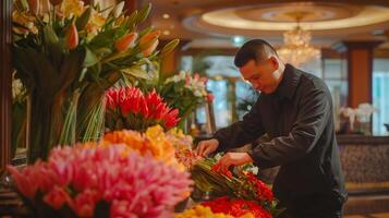 asiatisch Florist arrangieren bunt Blumensträuße im ein Luxus Innere, Konzept Bild zum Veranstaltungen und Feierlichkeiten, im Speziellen geeignet zum Mütter Tag und Frühling Feste foto