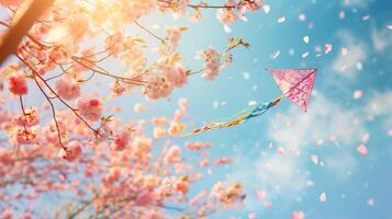 Kirsche Blüten flattern um ein bunt Drachen während ein Festival, beschwingt Himmel Hintergrund foto