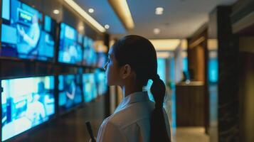 konzentriert asiatisch Geschäftsfrau im ein Clever Uniform Überwachung mehrere Bildschirme im ein hoch Technik Steuerung Zimmer, konzeptionell verbunden zu Arbeitsplatz Überwachung und korporativ Sicherheit foto