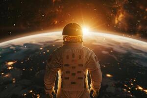 auf Thema von Astronaut fliegend im Null Schwere gegen sternenklar Himmel im tief dunkel Raum foto