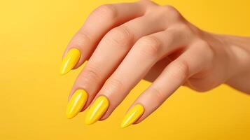 schließen oben von elegant Frau s Hand geschmückt mit beschwingt Gelb Nagel Polieren zum ein glamourös aussehen foto
