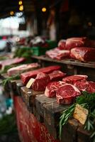 sortiert Fleisch schneidet auf hölzern Tablett im Metzger Geschäft oder Supermarkt mit leer Preis Stichworte, breit Banner foto