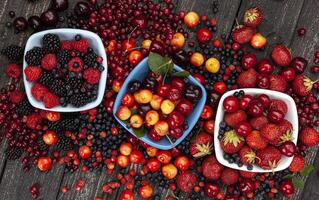 frisch wild Beeren auf hölzern Hintergrund, oben Aussicht foto