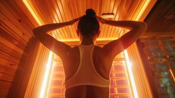 ein Frau Dehnen ihr Waffen Overhead Innerhalb ein Infrarot Sauna Gefühl das Spannung Schmelze Weg wie das Hitze trationen ihr Körper. foto
