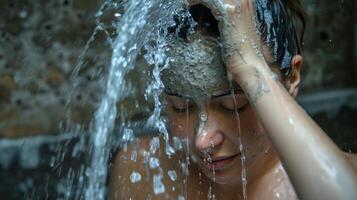ein Frau Gießen kalt Wasser Über ihr Kopf im das Sauna Spülen aus ein entgiftend Schlamm Maske wie sie entspannt sich im das Hitze. foto