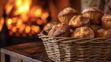 ein köstlich Auswahl von Muffins angezeigt im ein Korbweide Korb Nächster zu ein brüllend Feuer. das golden braun Spitzen von das Muffins sind perfekt getoastet geben aus ein unwiderstehlich foto