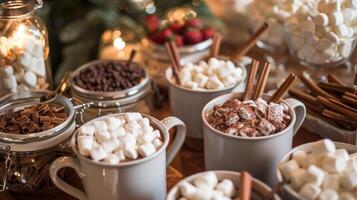 ein DIY heiß Schokolade Bahnhof mit Gläser von Belag und Mixins mögen Marshmallows Nutella und Zimt Stöcke zum Gäste zu erstellen ihr besitzen Benutzerdefiniert Becher foto