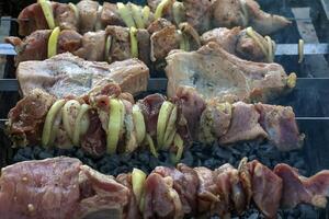 Kochen Kebabs auf ein Grill mit Rauch. frisch braun Grill Fleisch gekocht auf ein draussen Grill foto
