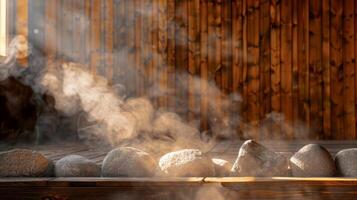 Dampf steigt an von das Sauna Felsen Tragen mit es nicht nur Wärme aber ebenfalls das schwer Gewicht von mental Stress und Nebel Verlassen Benutzer mit ein Sinn von Leichtigkeit und Klarheit. foto