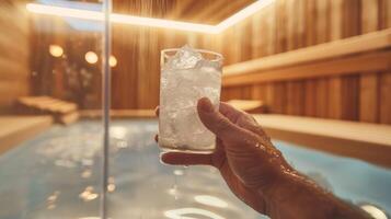 ein Person halten ein Glas von Eis Wasser nehmen ein brechen von das Sauna zu cool Nieder Vor ihr Nächster Sitzung. foto