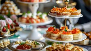 ein Speisekarte mit Russisch Delikatessen eine solche wie blinis und Kaviar perfekt zum Paarung mit das Sortiment von Tees foto