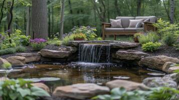 ein friedlich Ecke von ein Garten akzentuiert mit ein abgelegen Sitzplätze Bereich eingebettet ein hoch aufragend Bäume Blühen Gebüsch und ein still Teich mit ein beruhigend Brunnen Feature foto