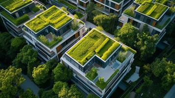 ein Antenne Aussicht von ein umweltfreundlich Pensionierung Dorf präsentieren ein Netzwerk von Grün Dächer bedeckt im Vegetation reduzieren Hitze Absorption und fördern Umwelt Nachhaltigkeit foto