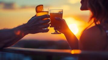 ein Paar halten Hände und nippen auf Brille von kalt gepresst Saft während Aufpassen das Sonnenuntergang beim das draussen glücklich Stunde Veranstaltung foto