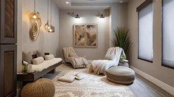 ein modern Entspannung Zimmer Komplett mit ein Magier Stuhl dimmbar Beleuchtung und verschwommen Decken zum ein luxuriös zu Hause verwöhnen Session foto