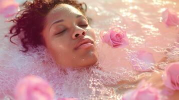 ein Frau Einweichen im ein Wanne gefüllt mit Rosenduft Bad Salze ihr Gesicht knirschend oben im wie sie atmet ein das beruhigend Aroma foto