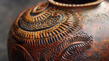 das kompliziert Muster und Designs schmücken ein Spulengebaut Vase zeigen das Töpfer Meisterschaft von das Technik. foto