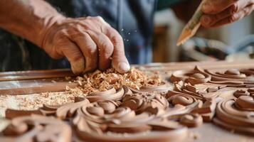 das Holz Chips fliegen wie ein Zimmermann geschickt schnitzt kompliziert Designs in ein solide hölzern Tür Hinzufügen ein berühren von Eleganz und Einzigartigkeit zu ein Häuser Eingang foto