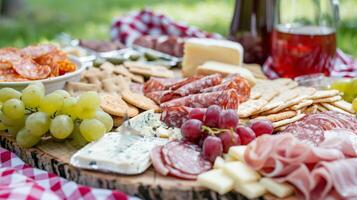 ein Picknick Verbreitung auf ein Picknick Decke gefüllt mit verschiedene Fleisch Käse und Cracker perfekt zum ein Licht Vorspiel Mahlzeit Vor ein lange Tag von Jubel foto