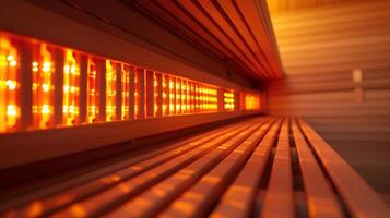 Nahansicht von ein Infrarot Sauna bekannt zum es ist Wirksamkeit im Behandlung Schuppenflechte. foto