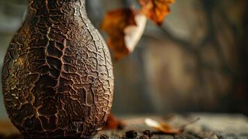 ein handgeworfen Vase mit ein texturiert Oberfläche ähnlich Baum Rinde erstellt mit verschiedene Carving Werkzeuge und dann glasiert mit ein Reich tief Farbe. foto