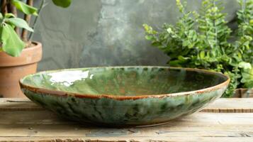 ein groß runden Teller mit ein roh Lehm Außen und ein glänzend Glasur im Schatten von moosig grün. foto