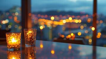ein Kerzenlicht Bar mit ein atemberaubend Aussicht von das geschäftig Stadt unten perfekt zum ein Nacht aus mit freunde oder ein romantisch Datum. 2d eben Karikatur foto