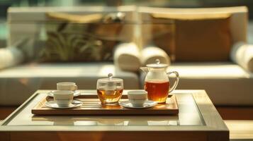 ein ruhig und intim Rahmen erlaubt Gäste zu völlig trennen von das draußen Welt und Fokus auf das beruhigend Auswirkungen von ihr Tee foto
