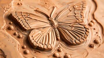 ein Makro Bild von ein fertig Lehm Fliese mit ein geprägt Schmetterling demonstrieren das Niveau von Detail Das können Sein erreicht mit erfahren Prägung Techniken. foto
