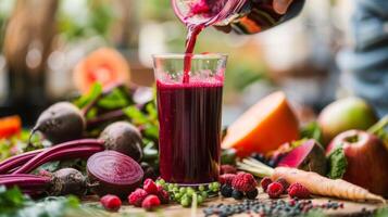 ein Person Gießen ein beschwingt rot Zuckerrüben und Beere Saft in ein schick Glas umgeben durch frisch Früchte und Gemüse foto