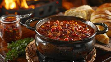 ein gemütlich Winter Abend mit ein Topf von herzhaft Chili köcheln lassen auf das Herd begleitet durch ein Korb von Handwerker Brot und ein Krug von pikant Chipotle Salsa foto