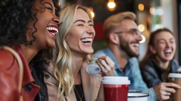 ein Gruppe von Arbeitskräfte Teilen ein Lachen während nehmen ein Kaffee brechen zusammen foto