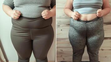 ein Foto von ein Person tragen das gleich Outfit im zwei anders Größen präsentieren das physisch Änderungen Das können auftreten mit Gewicht Verlust.