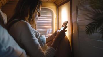 ein Person mit Fibromyalgie Verwendet ein Handy, Mobiltelefon Infrarot Sauna beim Zuhause finden Komfort im Sein fähig zu nehmen ihr Sauna Sitzungen mit Sie wo auch immer Sie gehen. diese erlaubt Sie zu verwalten ihr foto