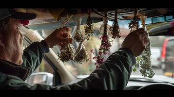 ein Mann hängt ein Beutel von getrocknet Kräuter und Blumen im seine Auto zu erstellen ein erfrischend und energetisierend pendeln foto