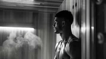 nach ein zermürbend Spiel das Athlet Rückzüge zu das Sauna Einweichen oben das Hitze zu beruhigen Schmerz Muskeln und fördern Erholung. foto