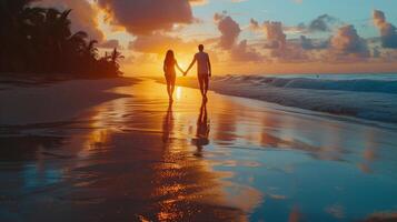 ein Paar halten Hände wie Sie wandern entlang das Strand beim Sonnenuntergang ihr Silhouetten Fading in das warm Farben von das Himmel im Suche von Schätze versteckt ein das Sand foto